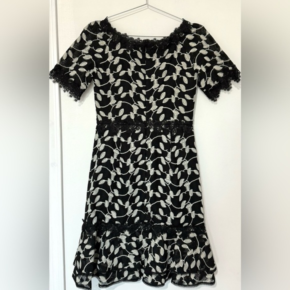 Shani NWT Black/White Two Tone Lace Bateau Neck Ruffle Hem Dress - Picture 4 of 10